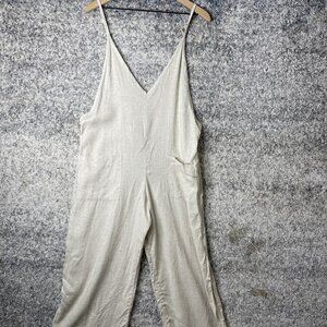 Omnia Coba Jumpsuit Womens Medium Beige Linen Wide‎ Leg Sleeveless Boho New
